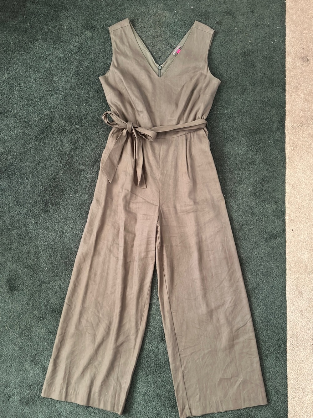 Vince Camuto Olive Green Linen V-Neck Wide-Leg Jumpsuit